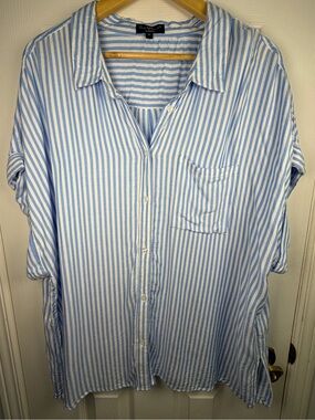 Velvet Heart Blue White Striped Button-Down Shirt 2X Soft Tencel Rayon Relaxed